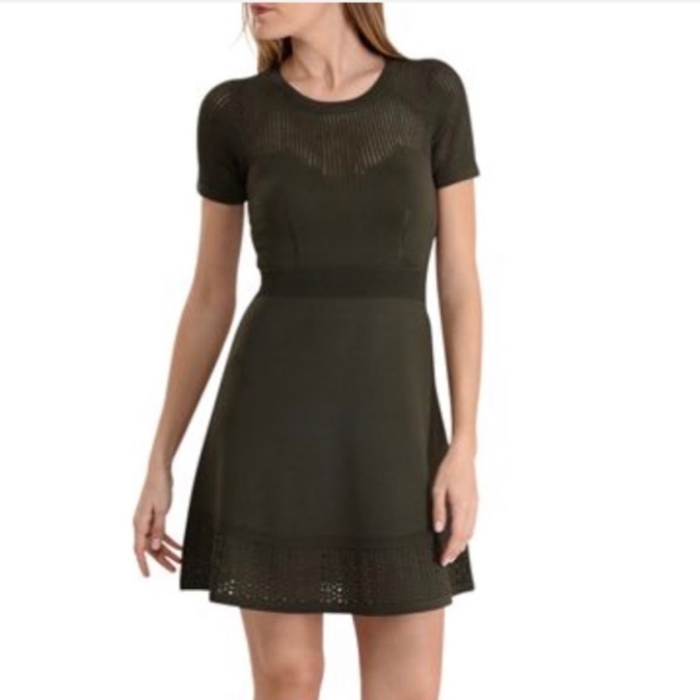 Sandro green olive rhapsody perforated fit and flare dress